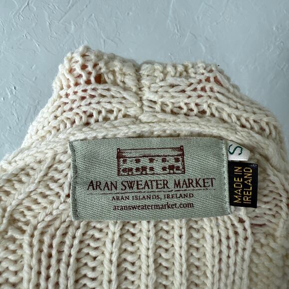 Aran Market Women's Sweater S Cardigan Tie Cable Knit Merino Wool Fisherman WW12 - Picture 5 of 6